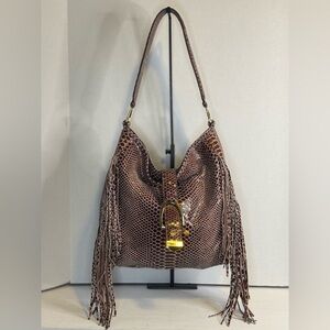 G.I.L.I.Snake Fringe Stirrup Shoulder Red/Brown Patent Suede Bag.